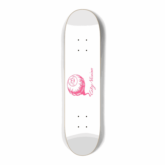 White and Hot Pink Logo Mini 7.25 City Vision Skateboards  City Vision Skateboards 7.25